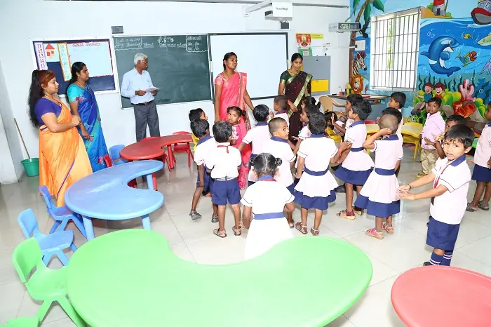Classroom with colourful desks