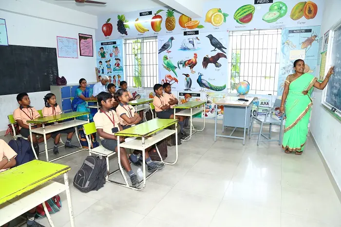 Digital classroom with smart board and colourful learning charts